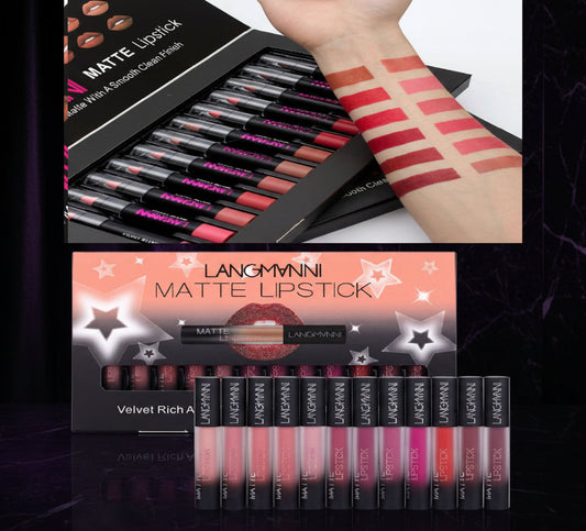 Langmanni matte lipstick set with 12 shades swatched on forearm, showcasing rich velvet colors