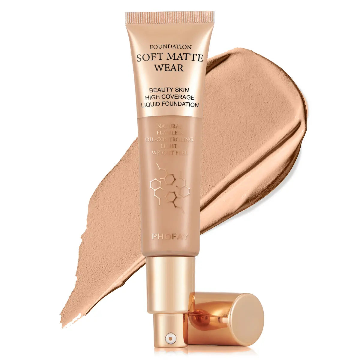 Foundation tube with a swatch on a white background