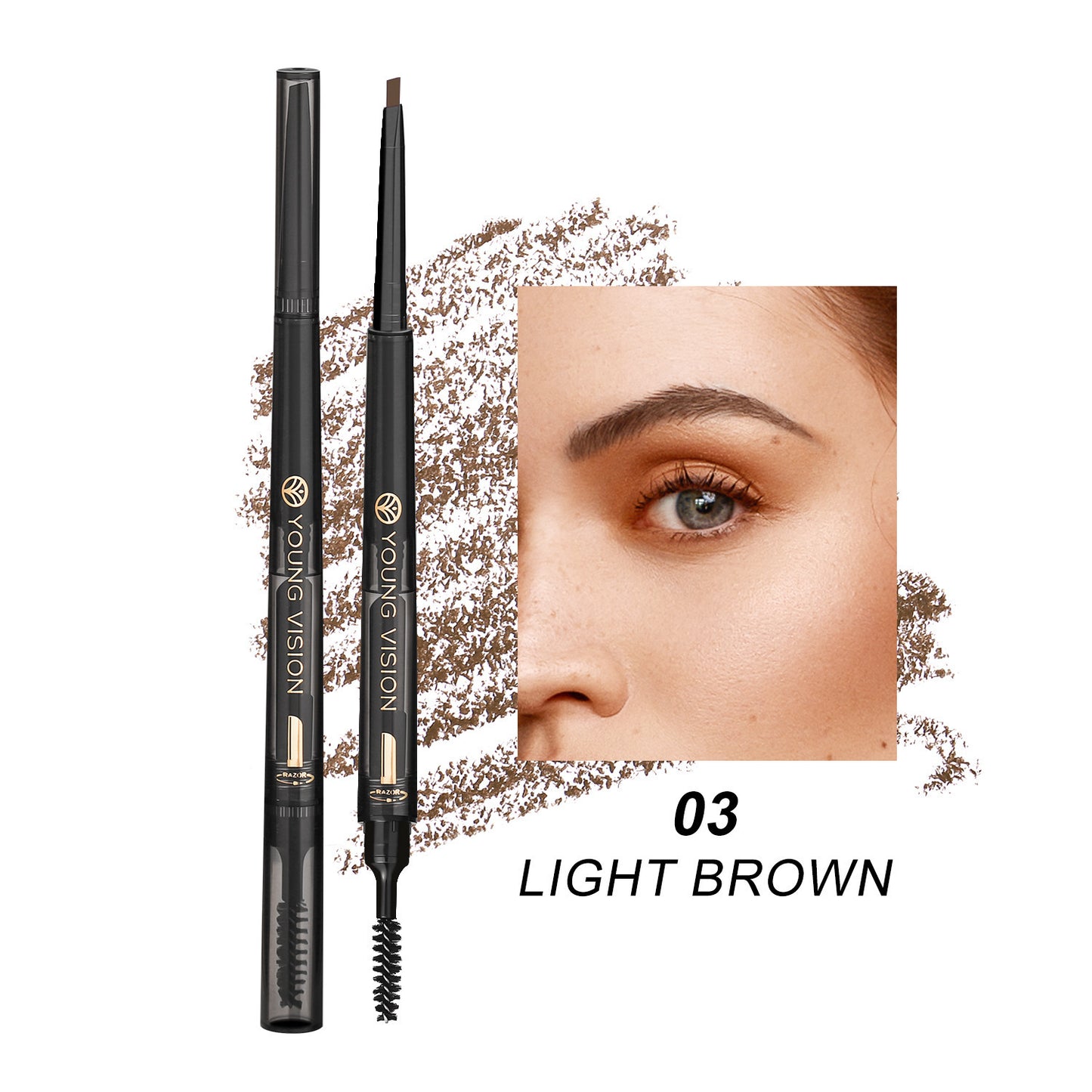 Young Vision eyebrow pencil in light brown with close-up of a model's eye and eyebrow makeup