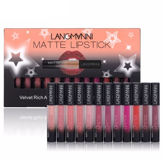 Langmanni matte lipstick set with 12 shades in pink and red tones, packaged with star-themed box design