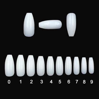 Glossy white coffin-shaped false nails in sizes 0 to 9 on black background