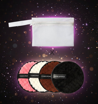 White mesh zipper pouch with four round reusable makeup remover sponges in pink, white, brown, and black