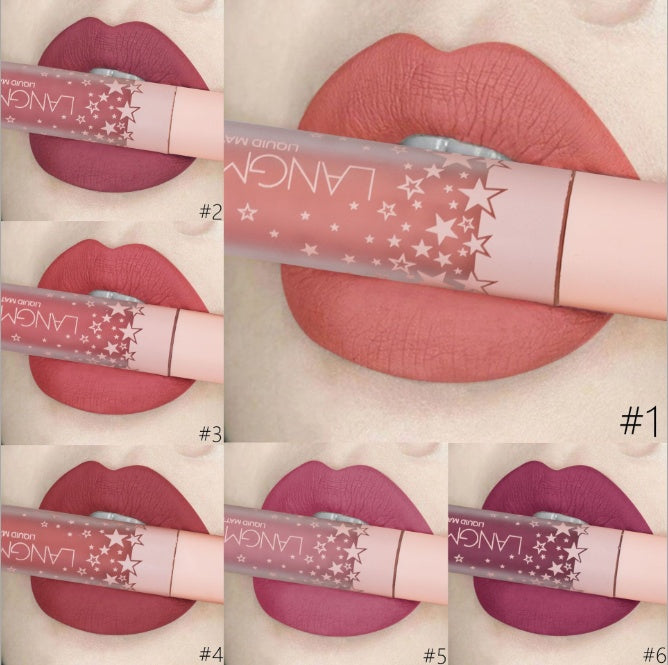 Six close-up images of lips wearing different shades of Langnese liquid matte lipstick, numbered 1 to 6, showcasing various nude to berry colors