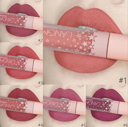 Six close-up images of lips wearing different shades of Langnese liquid matte lipstick, numbered 1 to 6, showcasing various nude to berry colors