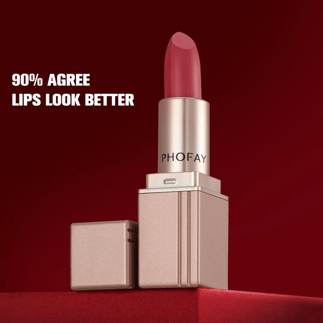 Pink lipstick with silver casing on a red background, featuring the brand 'PHOFAY'.