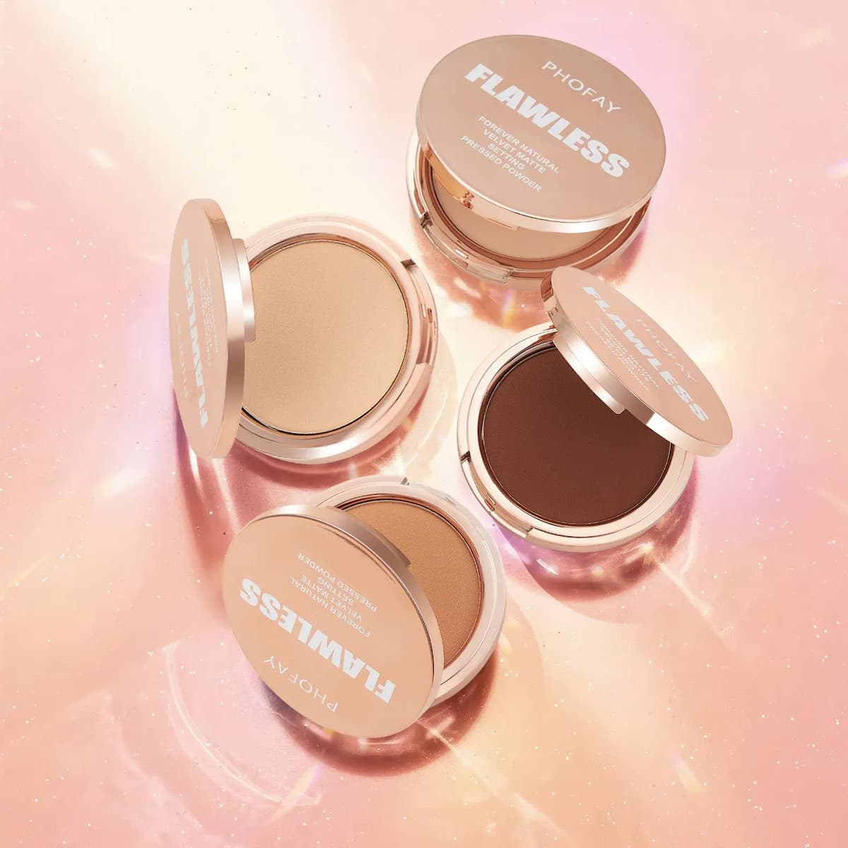 Makeup products with 'Flawless' branding on a pink gradient background