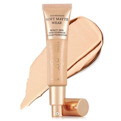 Foundation tube labeled 'Soft Matte Wear' with a swatch on a white background
