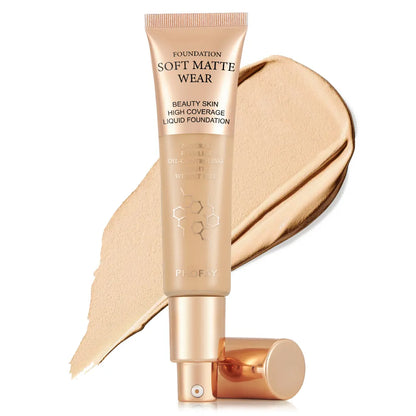 Foundation tube labeled 'Soft Matte Wear' with a swatch on a white background