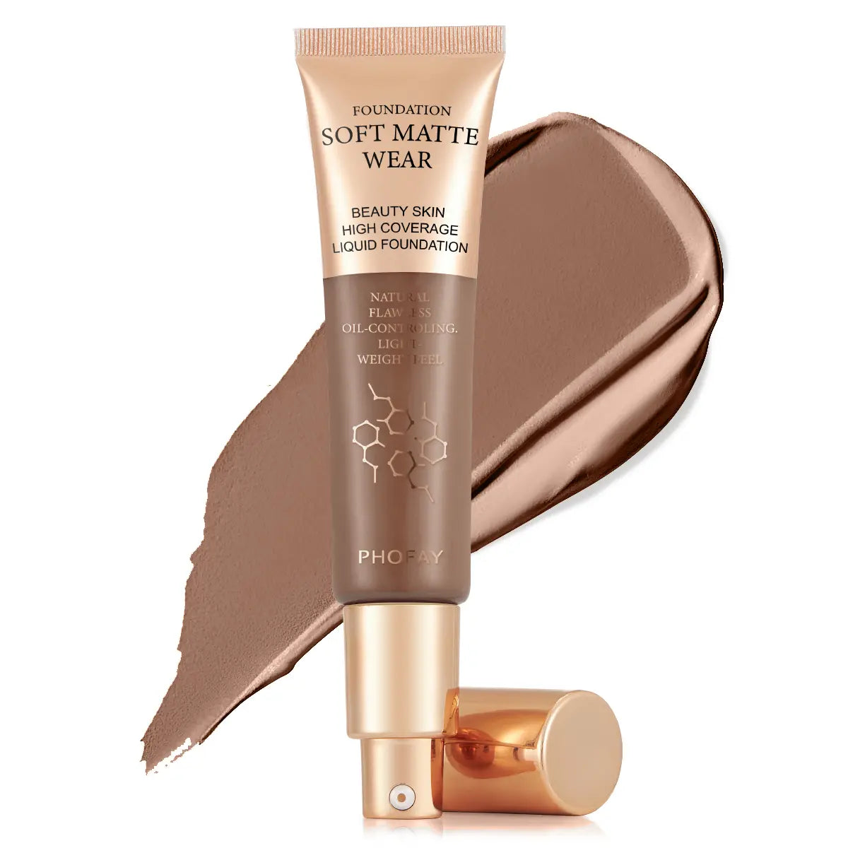 Foundation tube with a swatch on a white background