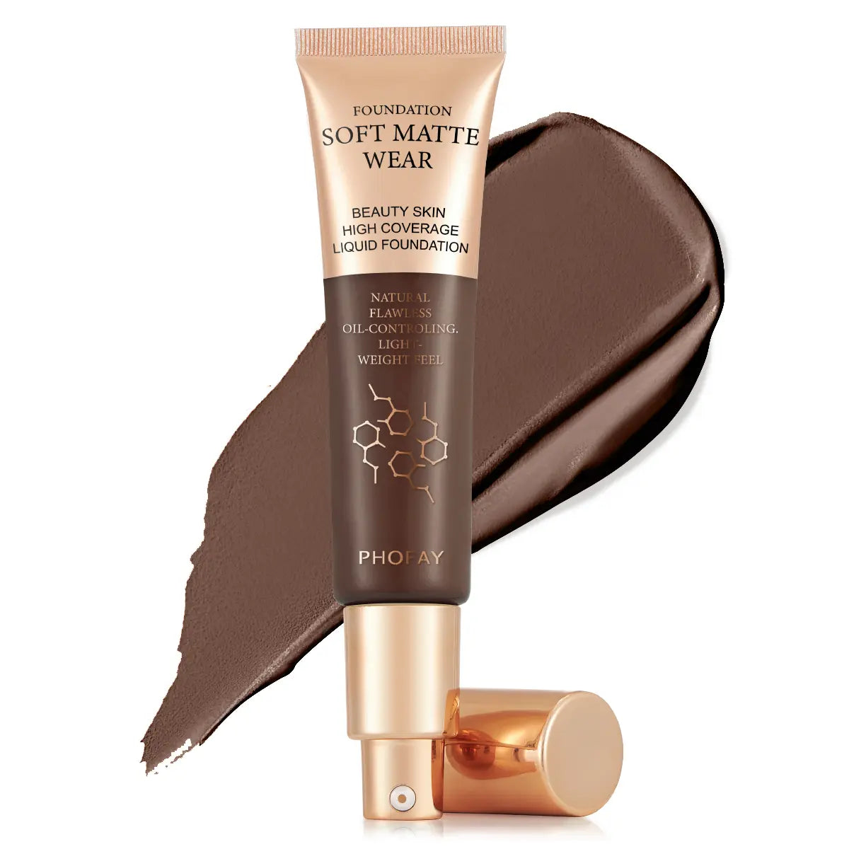 Foundation tube with brown shade and visible brand name on a white background