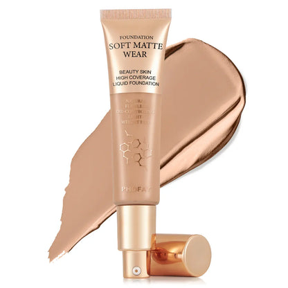 Foundation tube labeled 'Soft Matte Wear' with a swatch on a white background