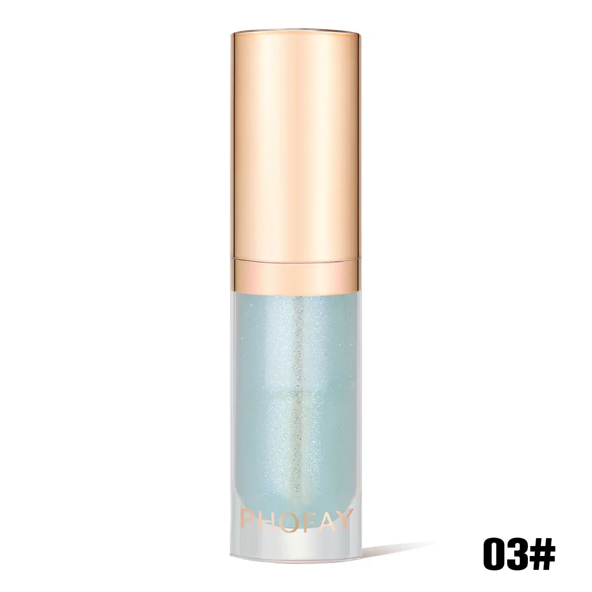 lip oil bottle with gold cap and light blue body on a white background