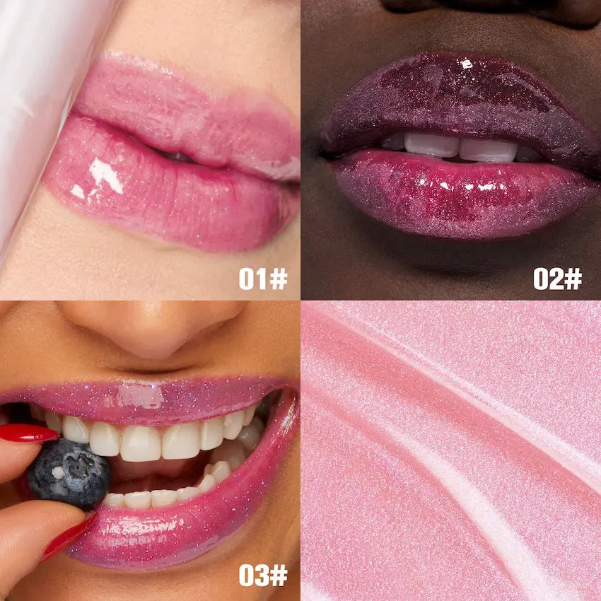 Collage of pink lip oil with close-up shots on lips and texture details.