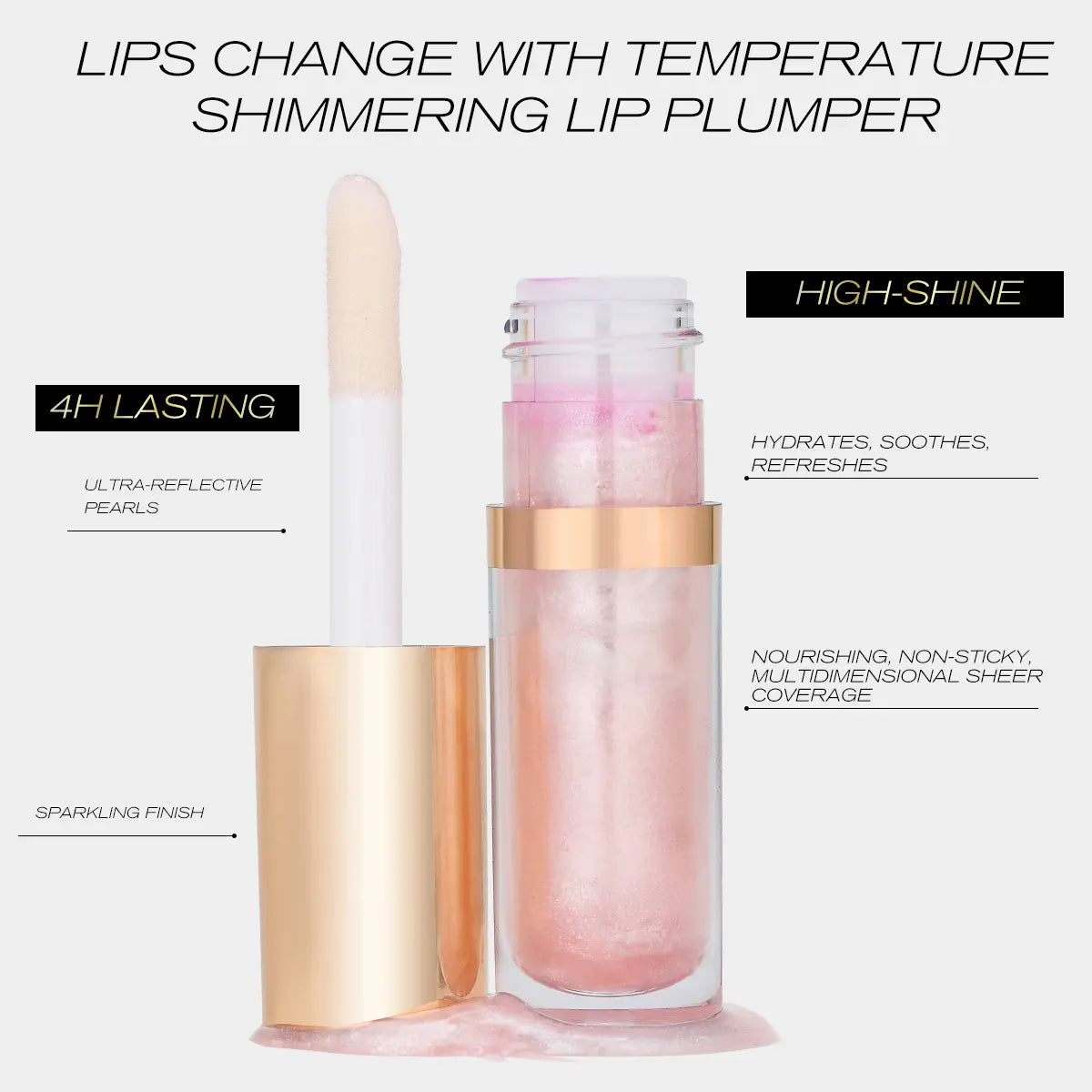 Lip plumper with gold cap and pink body on a white background, featuring text about product features.