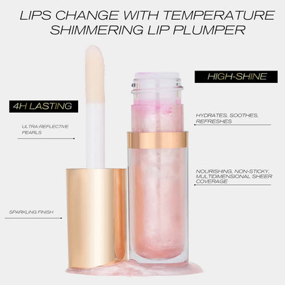 Lip plumper with gold cap and pink body on a white background, featuring text about product features.