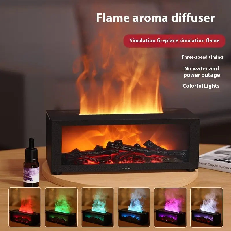 Flame aroma diffuser with colorful light effects on a wooden surface