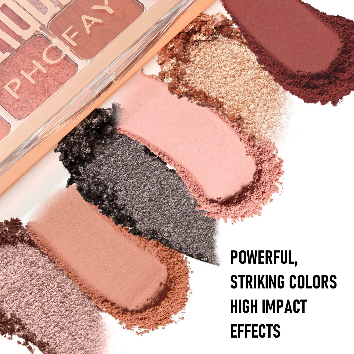 Makeup palette with swatches of various colors and text 'Powerful, striking colors high impact effects'.