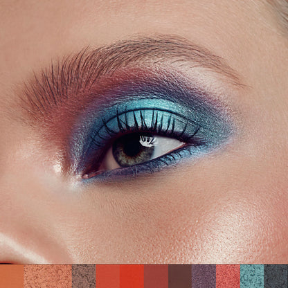 Close-up of a woman's eye with blue and purple makeup, color swatches at the bottom.