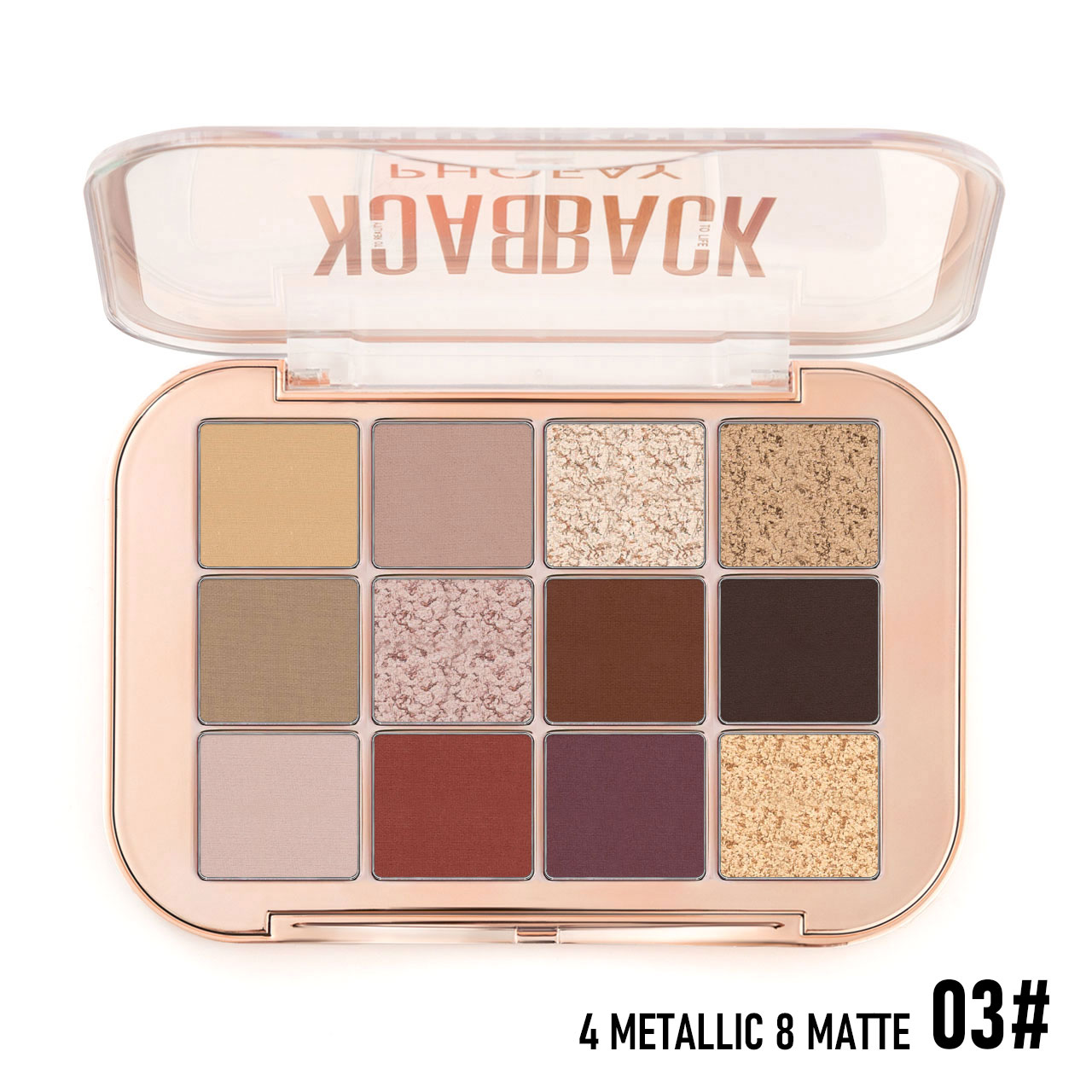 Makeup palette with various shades of eyeshadow in metallic and matte finishes, branded.