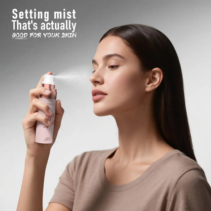Woman using a setting mist product with text 'Setting mist That's actually good for your skin' on a gray background