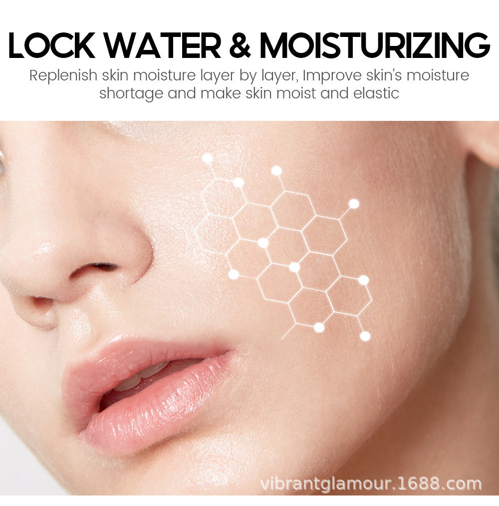 Close-up of a woman's face with smooth skin, moisturizing concept with hexagonal graphic overlay
