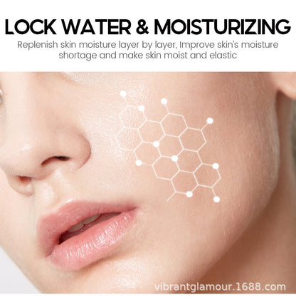 Close-up of a woman's face with smooth skin, moisturizing concept with hexagonal graphic overlay
