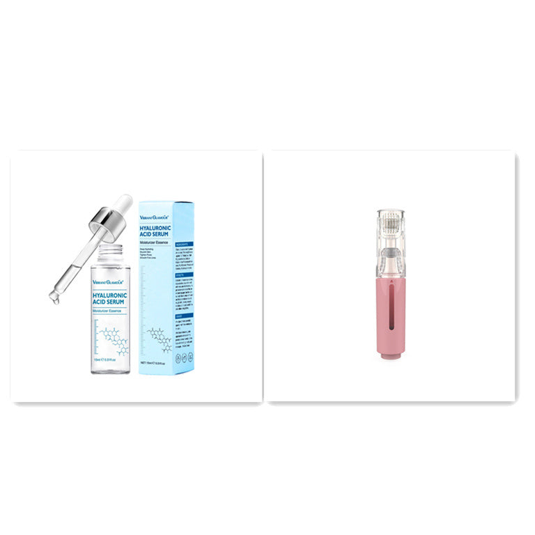 Hyaluronic acid serum bottle with dropper and blue product box alongside pink microneedling derma roller