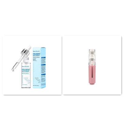 Hyaluronic acid serum bottle with dropper and blue product box alongside pink microneedling derma roller