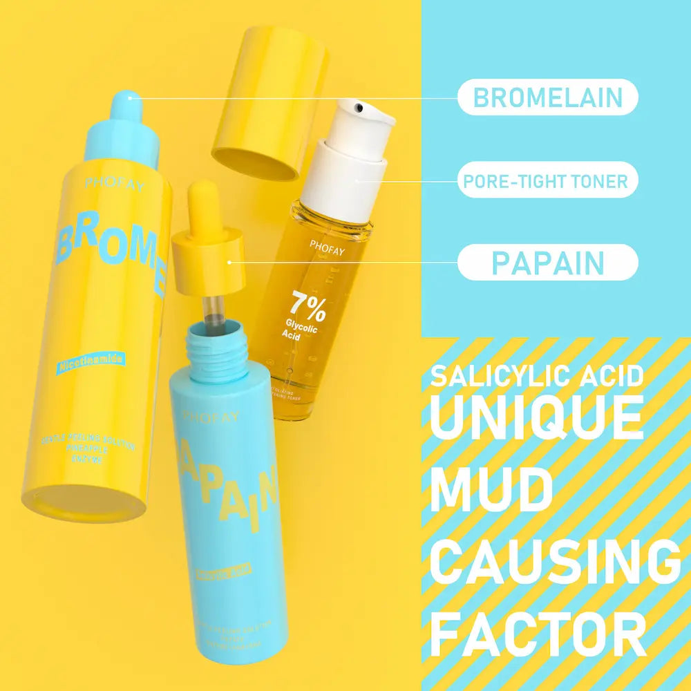 Skincare products with labels on a yellow and blue background