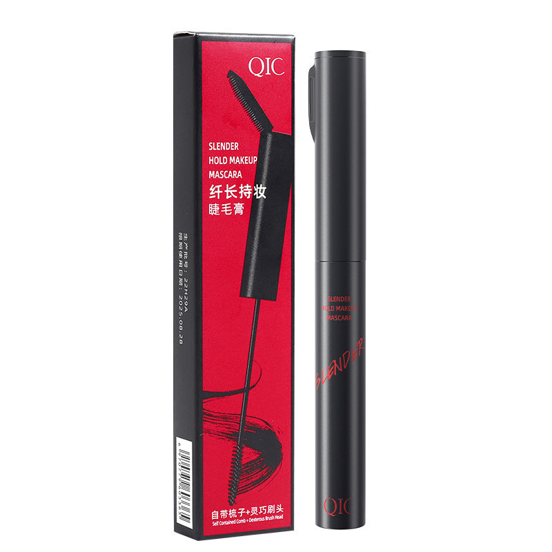 QIC Slender Hold Makeup Mascara with slim black tube and red-accented box featuring mascara brush