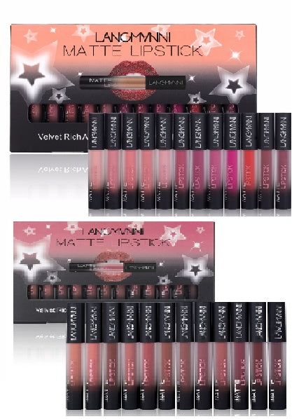 Langmanni matte lipstick set featuring 12 liquid lipsticks in pink, nude, and red shades with black caps