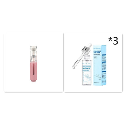 Pink facial microdermabrasion device and hyaluronic acid serum bottle with dropper and blue packaging