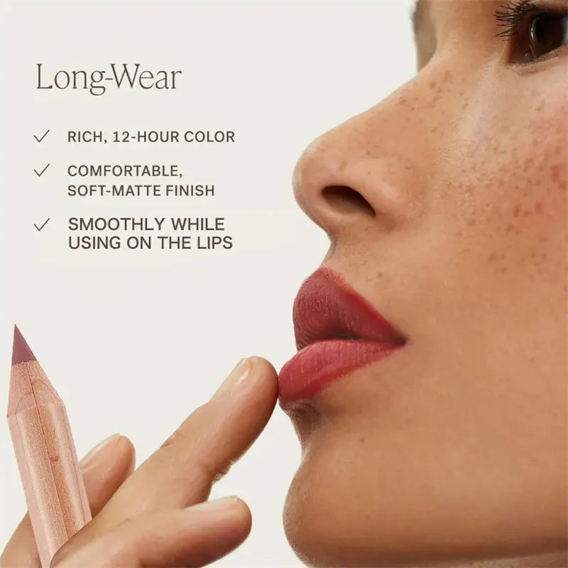 Lip liner application with text highlighting long-wear properties