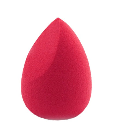 Red teardrop-shaped makeup sponge on white background for flawless foundation application