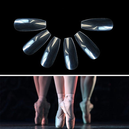 Set of clear nail tips arranged in a fan shape above ballet dancers en pointe on stage