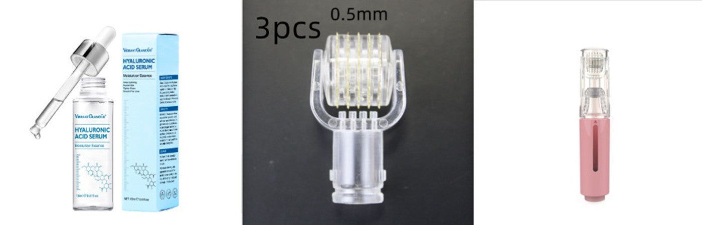 Hyaluronic acid serum bottle with dropper, 3pcs 0.5mm microneedling roller, and pink microneedling cartridge