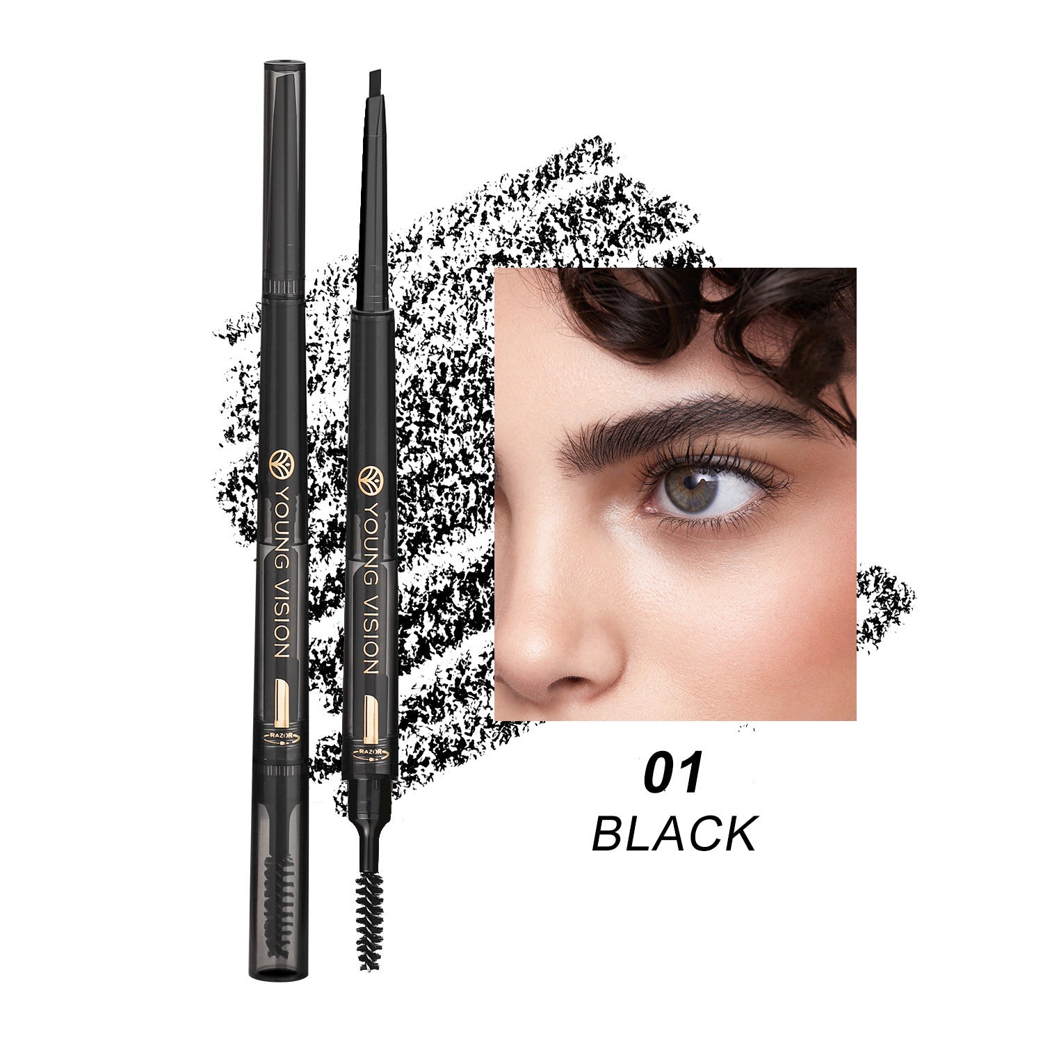 Young Vision black eyebrow pencil with brush and sharpener, shown with close-up of defined eyebrow