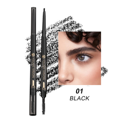 Young Vision black eyebrow pencil with brush and sharpener, shown with close-up of defined eyebrow