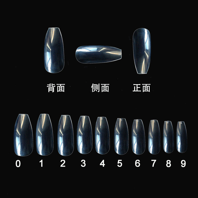 Clear plastic nail tips in various sizes displayed on black background with Chinese and numeric labels
