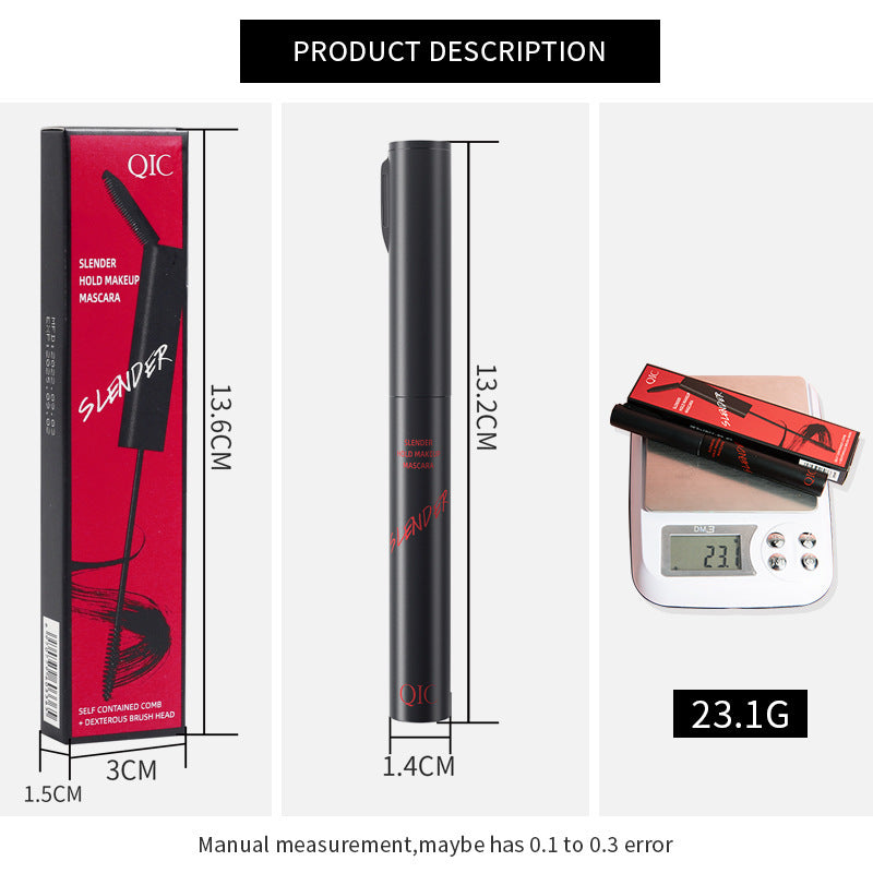 QIC slender hold makeup mascara with dimensions and 23.1g weight displayed on digital scale