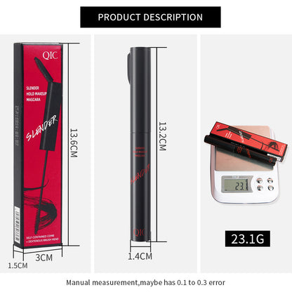 QIC slender hold makeup mascara with dimensions and 23.1g weight displayed on digital scale