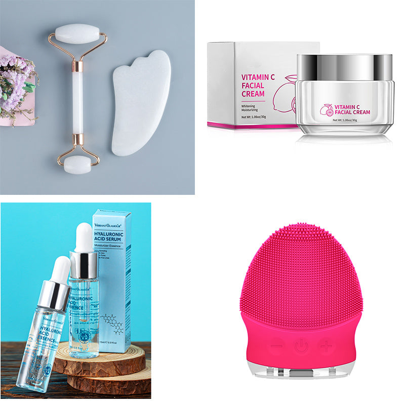 Facial skincare tools and products including jade roller, gua sha, vitamin C cream, hyaluronic acid serum, and pink silicone facial cleansing brush