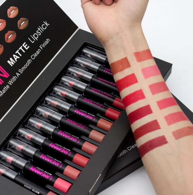 Lancman matte lipstick set with diverse swatches on forearm showcasing smooth, vibrant colors