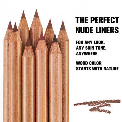 Lip liner with brown tips on a white background, labeled 'The Perfect Nude Liners'.