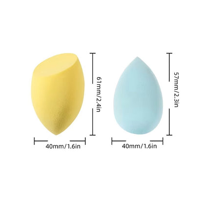 Yellow and blue makeup blending sponges with dimensions in millimeters and inches