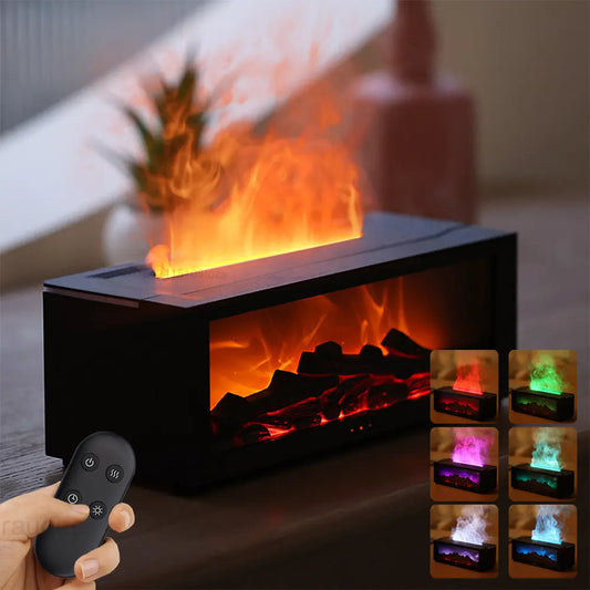 Tabletop fireplace with flames and remote control, surrounded by color-changing light options.