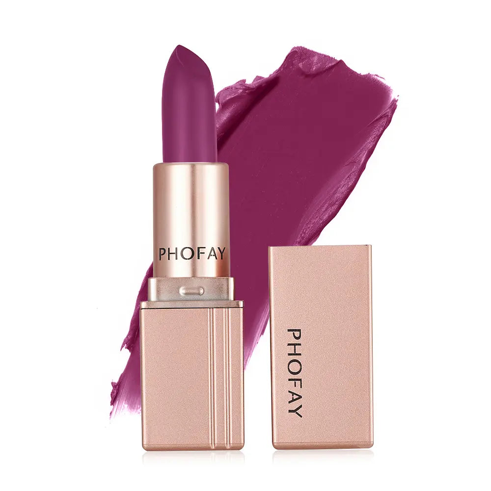 Purple lipstick with rose gold case and PHOFAY branding on a white background