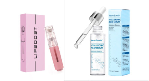 Pink LIPBOOST lip plumper device with packaging and clear bottle of Hyaluronic Acid Serum with dropper and blue box