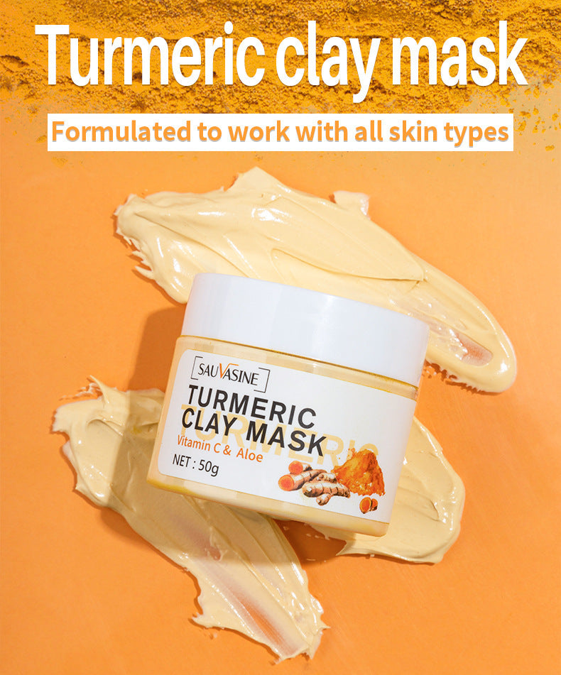 Sauvasine turmeric clay mask with vitamin C and aloe on orange background with product smears