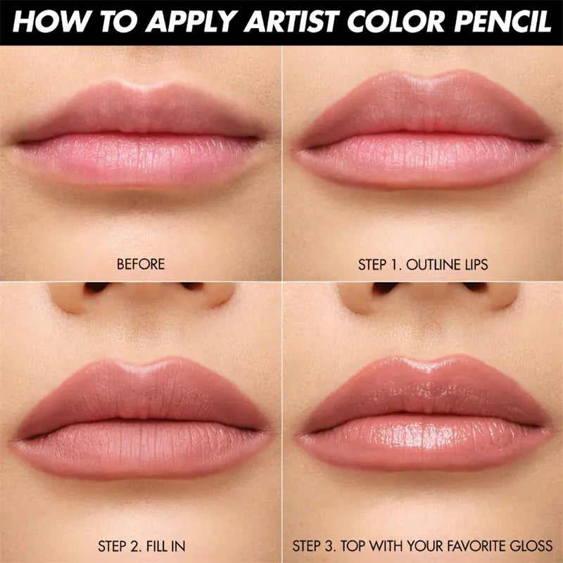 Step-by-step guide on applying artist color pencil to lips with before and after images.